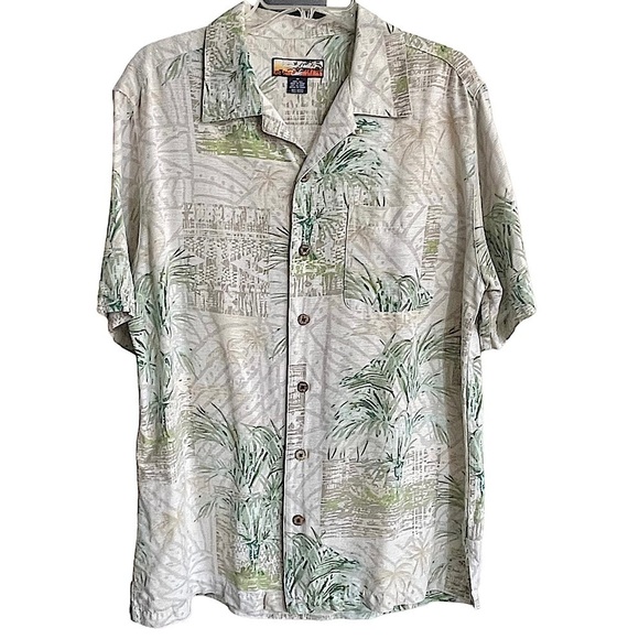 Havana Jack's Cafe Light Green Print Silk Hawaiian Shirt Size Medium - Picture 1 of 6